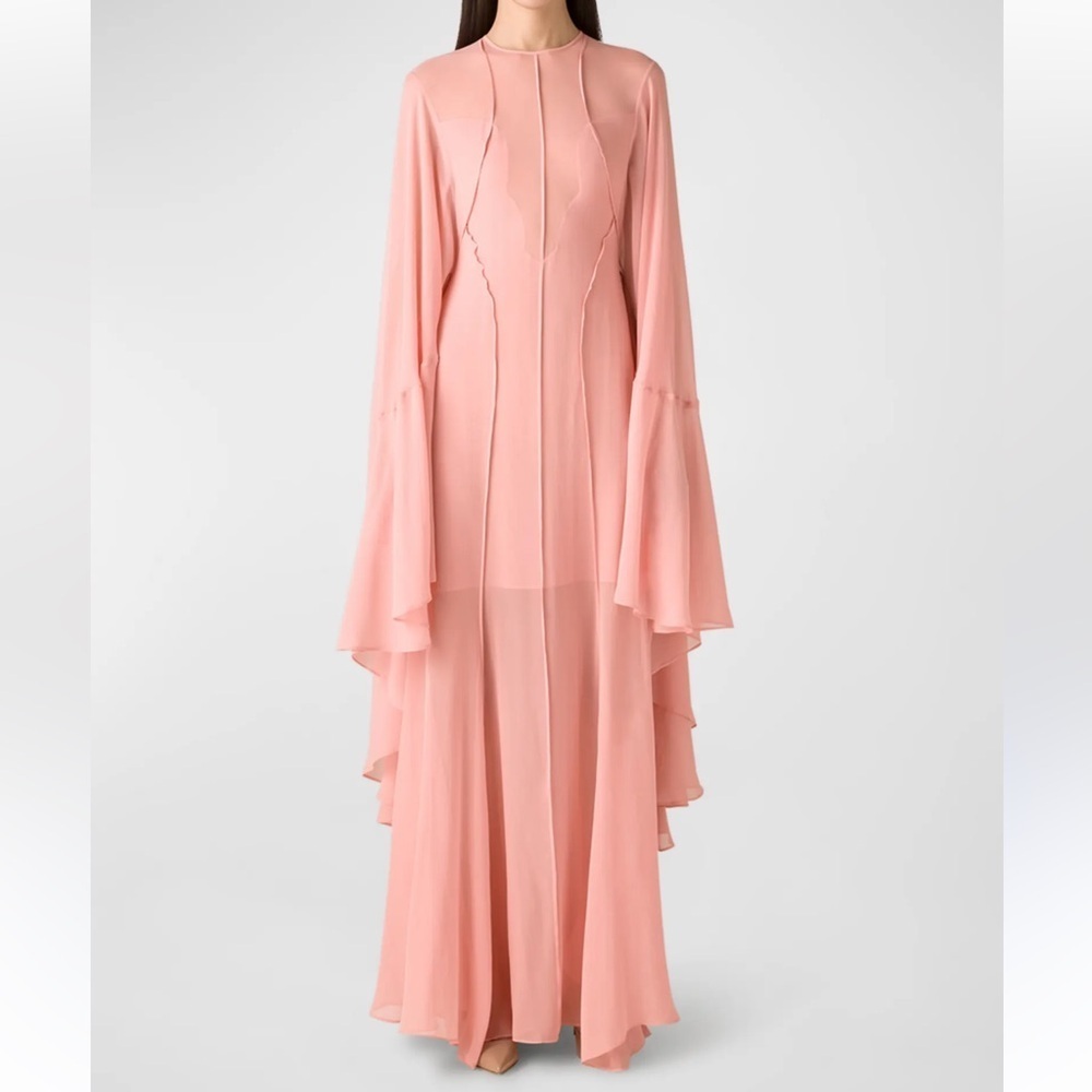 St. John plunging illusion, flowing long sleeve silk gown. - Picture 6 of 14